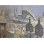 M. C. Wood (20th century British), View of houses by a harbour, oil on board, signed lower right, in