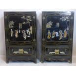 A pair of 20th century Chinese black lacquered cabinets, with hard stone decoration, H.113 W.66 D.
