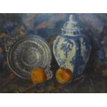 Early 20th century Dutch school, Impressionistic still life study of Delft blue and white vase,