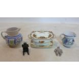 2 hand-painted English studio pottery jugs H: 14cm and 10cm with a 1940's lidded tureen and plate, a