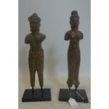 A pair of handcrafted brass South East Asian female deities, on rectangular bases, H.47cm