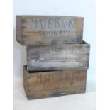 Three vintage wooden Mateus Rosé wine crates, all stamped to sides, 53 x 25 x 22cm