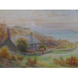 Early to mid 20th century British school, View of a cottage with sea to background, watercolour,