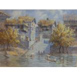 An early 20th century watercolour of a South East Asian riverside town, possibly Burma, signed D.