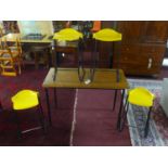 A set of four yellow 'Metalliform' stools with teak top table, H.85 W.120 D.60cm