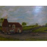 A 20th century naive oil on board titled 'unloading hops', signed, 40 x 50cm