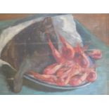 20th century British school, Still life of a plaice and prawns in a dish, oil on board, unsigned, in