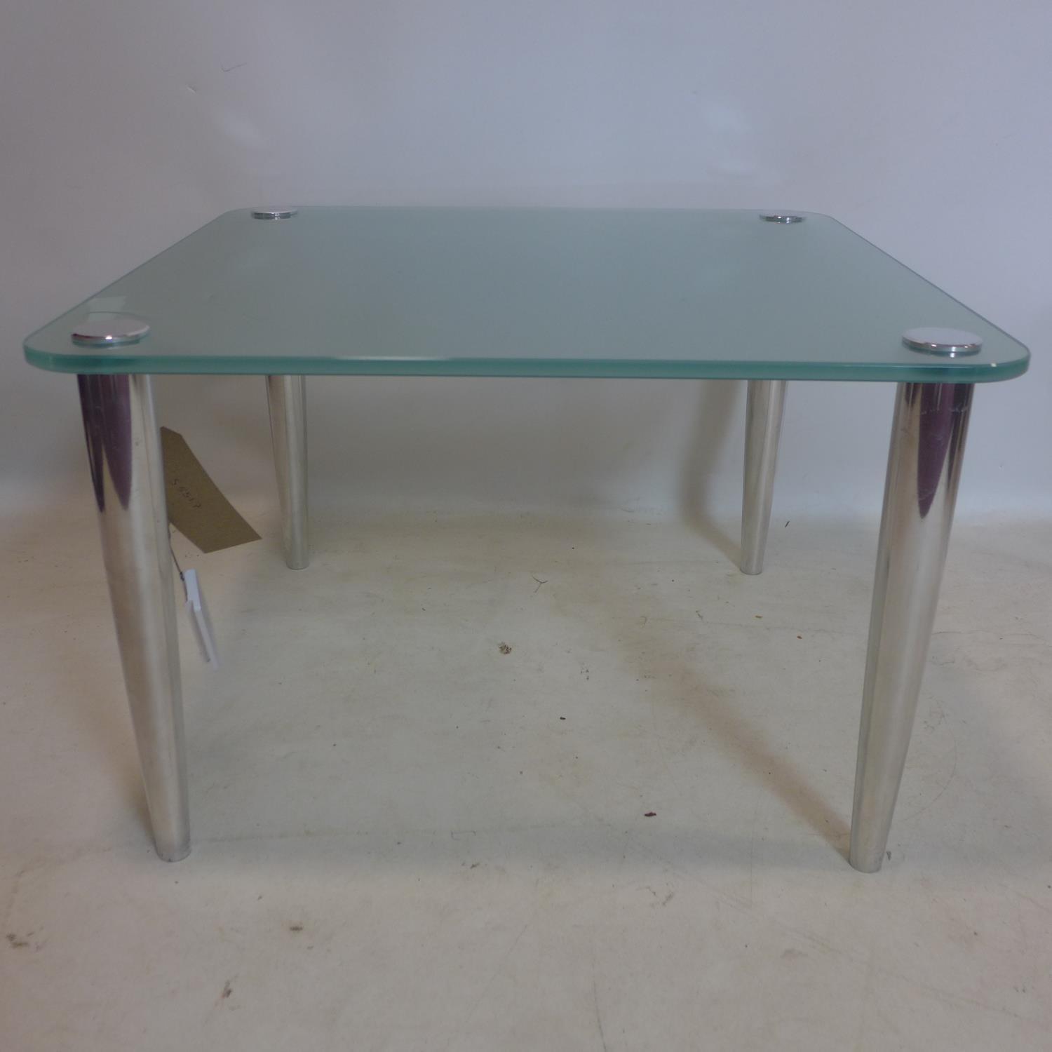 A contemporary coffee table with frosted square glass top, raised on chrome legs, H.41 W.66 D.66cm - Image 2 of 2