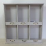A 20th century painted wall hanging postal shelves, H.80 W.75 D.20cm