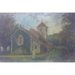 20th century school, View of a church, oil on prepared canvas board, label for Winsor & Newton to
