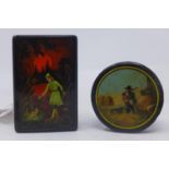 A 20th century Russian lacquer box, hand painted with the Princess and the frog, with Cyrillic