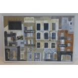 A framed and glazed abstract painting on paper of stylised shop-fronts and signs, unsigned, 50 x