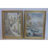 Pair of Continental watercolours, one of a street scene, signed Hildago, the other by the same