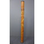 A Chinese cylindrical bamboo incense holder/carrier intricately hand-carved with sages within