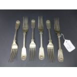 Six mid 19th century fiddle and shell pattern silver forks, by Lister & Sons (William Lister I,