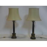 A pair of contemporary painted metal lamps with silk shades, H.80cm