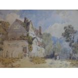 A framed 19th century watercolour of a country cottage with couple by gate, unsigned, unglazed, 25 x