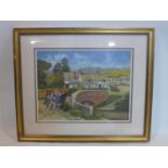 Stanley Davies, a gilt-framed and glazed oil on board of a naive country scene with horses to