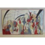 A framed large oil on canvas of abstracted figures in shades of blues, reds and creams, unsigned, 92