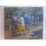 A mid 20th century, oil on linen on board of a sun-dappled continental fruit market scene, unsigned,