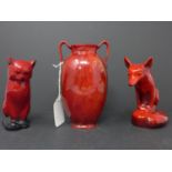 A Royal Doulton flambe vase signed with initials FM, together with a flambe fox and cat