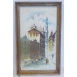 A Continental street scene, oil on canvas, signed lower left, in gilt frame, 60 x 36cm