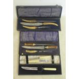 Three cased carving sets, to include a horn handled set by Wingfield & Rowbotham; a set by R.F.