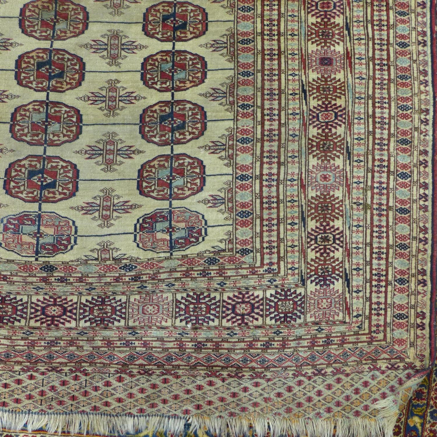 A large 20th century Caucasian Bokhara carpet with repeating gull motifs, on a beige ground, - Image 3 of 4