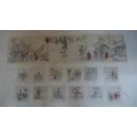 A collection of 13 Japanese watercolours on silk, to include 1 larger example, 131 x 33cm, and 12