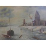 20th century Dutch school, Children playing on a frozen river with houses and windmill to