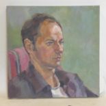 An oil on canvas of a portrait of a pensive man on a mint-green ground, unsigned, 40 x 40cm