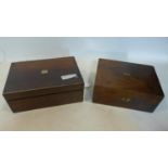 Two early 20th century mahogany writing boxes, with fitted interiors, H.13 W.30 D.23cm; and H.14 W.