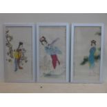 Three Japanese watercolours on silk of ladies in kimonos in garden settings, signed and with seal