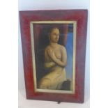 An oil on canvas laid down of a portrait of a nude Classical lady, in a red velvet frame, 37 x 21cm