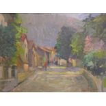 A mid 20th century oil on board depicting a sun-dappled village street with trees, indistinctly