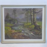 A mid 20th century, framed oil on canvas of trees by a flowing stream, signed F. Meres bottom right,
