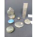 A collection of silver to include a spectacles case, sovereign case, hip flask, pocket watch, 2