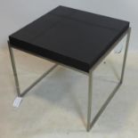 A stainless steel and leather side table, H.53 W.58 D.55cm
