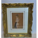 A pastel portrait of a nude lady, titled 'K. Maunder', indistinctly signed, dated 95, in glazed