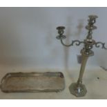 A silver plated four branch five light candelabra, on stepped octagonal base, H.64cm, together