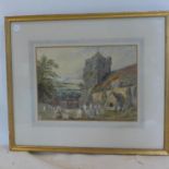 Mid 20th century school, A Woman mourning in a graveyard with church to background, watercolour,