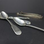 Four Georgian silver fiddle pattern spoons, by Solomon Hougham, Solomon Royes & John East Dix,