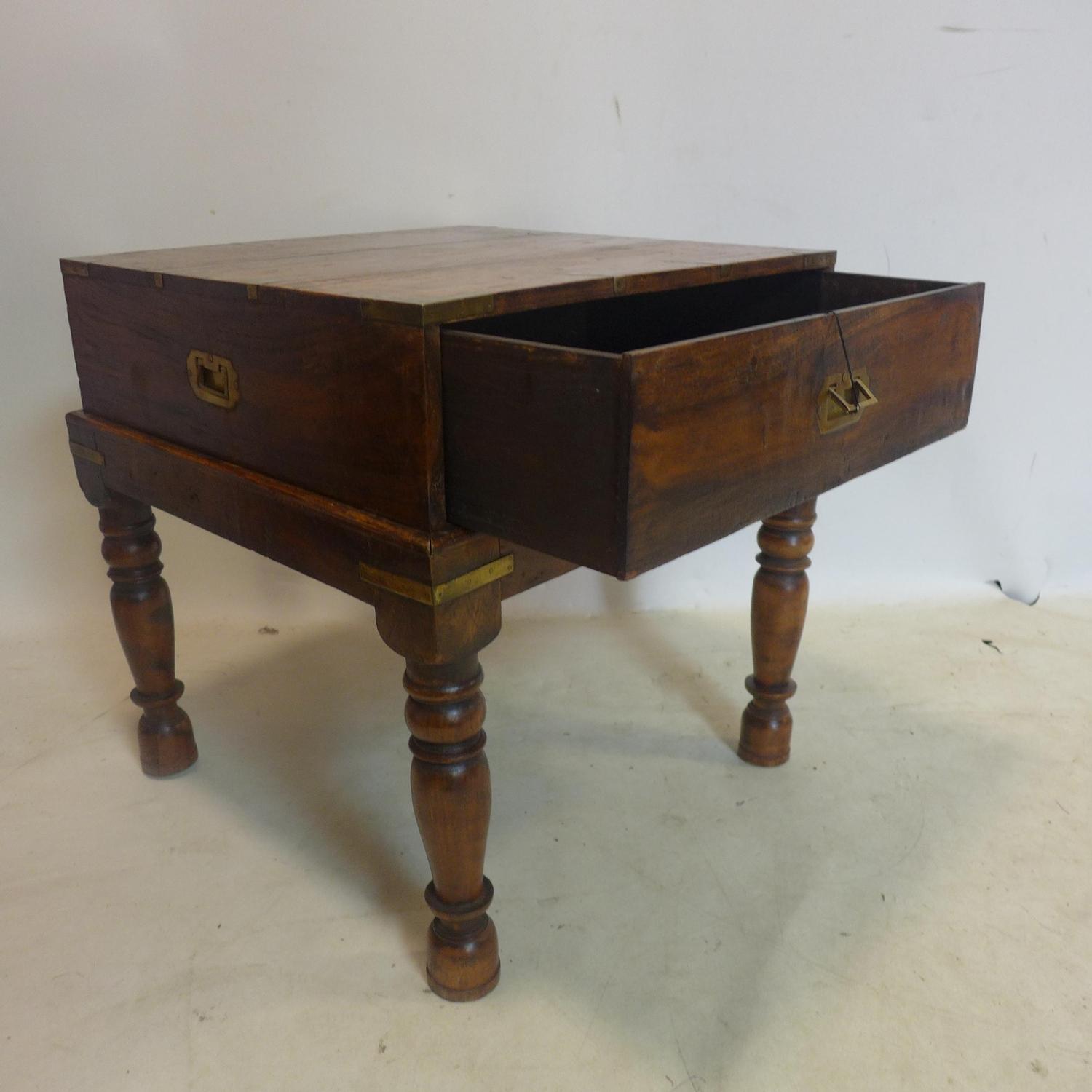 A 20th century campaign style brass bound teak chest on stand, H.60 W.60 D.60cm - Image 2 of 3