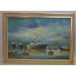 A mid to late 20th century oil on canvas of ships, signed 'Lion' to lower right, framed, 59 x 89cm