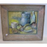 Anne Loewenstein, Still life of fruit, jug, cup and bottles, pastel, framed and glazed, 24 x 30cm