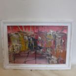 An abstract oil on board in pink, red, yellow, white and black, framed, 50 x 75cm