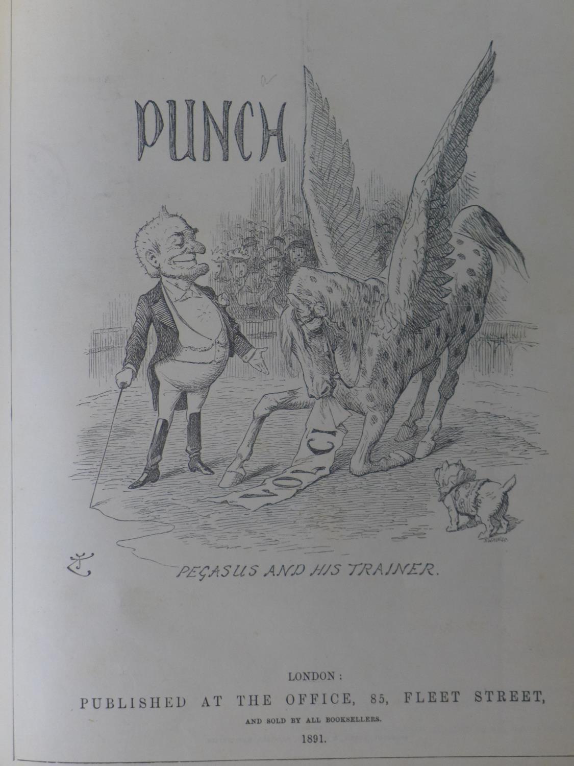 An 1891 July-Dec Edition of Punch magazine, red cloth bound and gilt cover, illustrated within, 28 x - Image 3 of 5