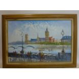 Late 20th century school, View of the Houses of Parliament, oil on canvas, signed Burnett to lower