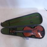 An early 20th century violin with bow, in ebonised case with plaque for Maidstone School Orchestra