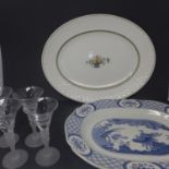 Two large oval serving plates and 4 liqueur glasses with frosted glass bobble stems H: 13cm each